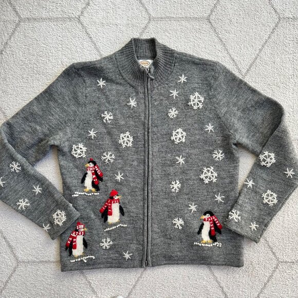 Talbots Penguin Snowflake Winter Wonderland 100%  Wool Zip Cardigan Holiday - Picture 1 of 8